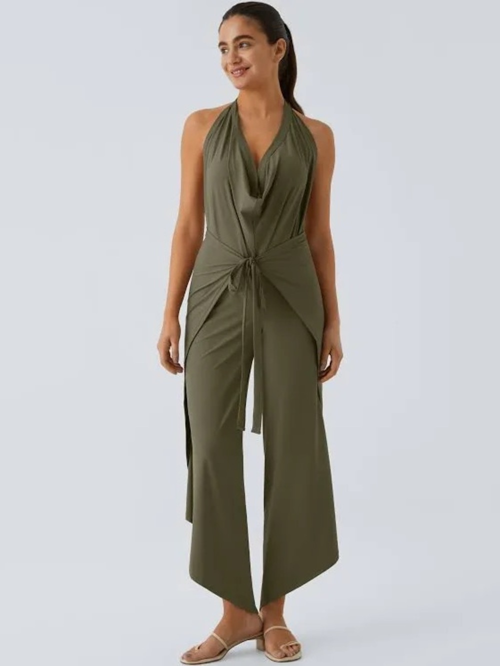 Halara High Waisted Tie Front 2-in-1 Palazzo Pants Wide Leg Flowy Jumpsuit Style - Picture 3 of 6